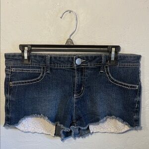 No Boundaries Distressed Blue Jean Shorts with Lace Trim Pockets
